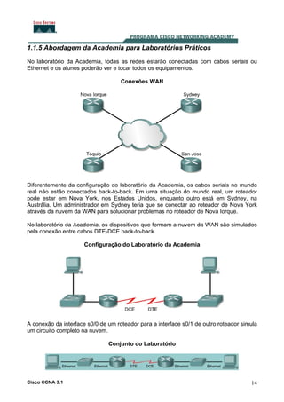 1.1.5 Abordagem da Academia para Laboratórios Práticos
No laboratório da Academia, todas as redes estarão conectadas com cabos seriais ou
Ethernet e os alunos poderão ver e tocar todos os equipamentos.
Conexões WAN

Diferentemente da configuração do laboratório da Academia, os cabos seriais no mundo
real não estão conectados back-to-back. Em uma situação do mundo real, um roteador
pode estar em Nova York, nos Estados Unidos, enquanto outro está em Sydney, na
Austrália. Um administrador em Sydney teria que se conectar ao roteador de Nova York
através da nuvem da WAN para solucionar problemas no roteador de Nova Iorque.
No laboratório da Academia, os dispositivos que formam a nuvem da WAN são simulados
pela conexão entre cabos DTE-DCE back-to-back.
Configuração do Laboratório da Academia

A conexão da interface s0/0 de um roteador para a interface s0/1 de outro roteador simula
um circuito completo na nuvem.
Conjunto do Laboratório

Cisco CCNA 3.1

14

 