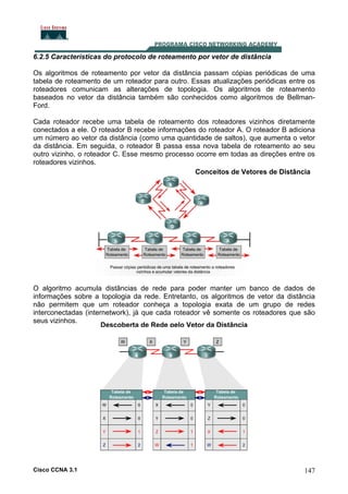 6.2.5 Características do protocolo de roteamento por vetor de distância
Os algoritmos de roteamento por vetor da distância passam cópias periódicas de uma
tabela de roteamento de um roteador para outro. Essas atualizações periódicas entre os
roteadores comunicam as alterações de topologia. Os algoritmos de roteamento
baseados no vetor da distância também são conhecidos como algoritmos de BellmanFord.
Cada roteador recebe uma tabela de roteamento dos roteadores vizinhos diretamente
conectados a ele. O roteador B recebe informações do roteador A. O roteador B adiciona
um número ao vetor da distância (como uma quantidade de saltos), que aumenta o vetor
da distância. Em seguida, o roteador B passa essa nova tabela de roteamento ao seu
outro vizinho, o roteador C. Esse mesmo processo ocorre em todas as direções entre os
roteadores vizinhos.
Conceitos de Vetores de Distância

O algoritmo acumula distâncias de rede para poder manter um banco de dados de
informações sobre a topologia da rede. Entretanto, os algoritmos de vetor da distância
não permitem que um roteador conheça a topologia exata de um grupo de redes
interconectadas (internetwork), já que cada roteador vê somente os roteadores que são
seus vizinhos.
Descoberta de Rede pelo Vetor da Distância

Cisco CCNA 3.1

147

 