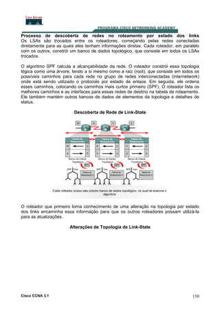 Processo de descoberta de redes no roteamento por estado dos links
Os LSAs são trocados entre os roteadores, começando pelas redes conectadas
diretamente para as quais eles tenham informações diretas. Cada roteador, em paralelo
com os outros, constrói um banco de dados topológico, que consiste em todos os LSAs
trocados.
O algoritmo SPF calcula a alcançabilidade da rede. O roteador constrói essa topologia
lógica como uma árvore, tendo a si mesmo como a raiz (root), que consiste em todos os
possíveis caminhos para cada rede no grupo de redes interconectadas (internetwork)
onde está sendo utilizado o protocolo por estado de enlace. Em seguida, ele ordena
esses caminhos, colocando os caminhos mais curtos primeiro (SPF). O roteador lista os
melhores caminhos e as interfaces para essas redes de destino na tabela de roteamento.
Ele também mantém outros bancos de dados de elementos da topologia e detalhes de
status.
Descoberta de Rede de Link-State

O roteador que primeiro toma conhecimento de uma alteração na topologia por estado
dos links encaminha essa informação para que os outros roteadores possam utilizá-la
para as atualizações.
Alterações de Topologia de Link-State

Cisco CCNA 3.1

150

 