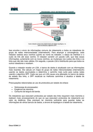 Isso envolve o envio de informações comuns de roteamento a todos os roteadores do
grupo de redes interconectadas (internetwork). Para alcançar a convergência, cada
roteador rastreia seus vizinhos quanto ao nome do roteador, o status da interface e o
custo do link até esse vizinho. O roteador constrói um pacote LSA, que lista essas
informações, juntamente com os novos vizinhos, as mudanças nos custos dos links e os
links que não são mais válidos. Em seguida, o pacote LSA é distribuído para que todos os
outros roteadores o recebam.
Quando o roteador recebe um LSA, o banco de dados é atualizado com as informações
mais recentes. Ele calcula um mapa do grupo de redes interconectadas (internetwork)
usando os dados acumulados e determina o caminho mais curto para outras redes
usando o algoritmo SPF. Cada vez que um LSA causa uma alteração no banco de dados
de estado dos links, o SPF recalcula os melhores caminhos e atualiza a tabela de
roteamento.
Preocupações relacionadas ao uso de protocolos por estado de enlace:
•
•
•

Sobrecarga do processador;
Exigência de memória;
Consumo de largura de banda.

Os roteadores que executam protocolos por estado dos links requerem mais memória e
realizam mais processamento do que os que executam protocolos de roteamento por
vetor da distância. Eles precisam ter memória suficiente para guardar todas as
informações de vários bancos de dados, a árvore de topologia e a tabela de roteamento.

Cisco CCNA 3.1

151

 
