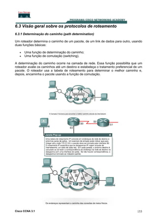 6.3 Visão geral sobre os protocolos de roteamento
6.3.1 Determinação do caminho (path determination)
Um roteador determina o caminho de um pacote, de um link de dados para outro, usando
duas funções básicas:
•
•

Uma função de determinação do caminho;
Uma função de comutação (switching).

A determinação do caminho ocorre na camada de rede. Essa função possibilita que um
roteador avalie os caminhos até um destino e estabeleça o tratamento preferencial de um
pacote. O roteador usa a tabela de roteamento para determinar o melhor caminho e,
depois, encaminha o pacote usando a função de comutação.

Cisco CCNA 3.1

153

 