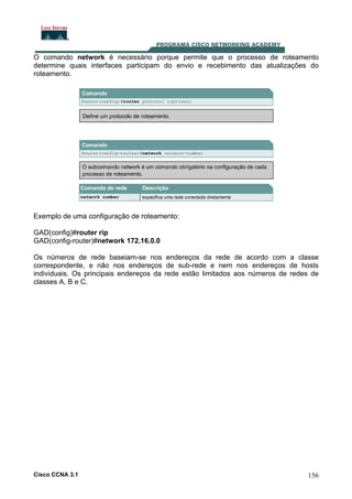 O comando network é necessário porque permite que o processo de roteamento
determine quais interfaces participam do envio e recebimento das atualizações do
roteamento.

Exemplo de uma configuração de roteamento:
GAD(config)#router rip
GAD(config-router)#network 172.16.0.0
Os números de rede baseiam-se nos endereços da rede de acordo com a classe
correspondente, e não nos endereços de sub-rede e nem nos endereços de hosts
individuais. Os principais endereços da rede estão limitados aos números de redes de
classes A, B e C.

Cisco CCNA 3.1

156

 
