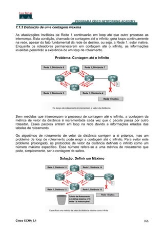 7.1.3 Definição de uma contagem máxima
As atualizações inválidas da Rede 1 continuarão em loop até que outro processo as
interrompa. Esta condição, chamada de contagem até o infinito, gera loops continuamente
na rede, apesar do fato fundamental da rede de destino, ou seja, a Rede 1, estar inativa.
Enquanto os roteadores permanecerem em contagem até o infinito, as informações
inválidas permitirão a existência de um loop de roteamento.
Problema: Contagem até o Infinito

Sem medidas que interrompam o processo de contagem até o infinito, a contagem da
métrica de vetor da distância é incrementada cada vez que o pacote passa por outro
roteador. Esses pacotes entram em loop na rede devido a informações erradas das
tabelas de roteamento.
Os algoritmos de roteamento de vetor da distância corrigem a si próprios, mas um
problema de loop de roteamento pode exigir a contagem até o infinito. Para evitar este
problema prolongado, os protocolos de vetor da distância definem o infinito como um
número máximo específico. Esse número refere-se a uma métrica de roteamento que
pode, simplesmente, ser a contagem de saltos.
Solução: Definir um Máximo

Cisco CCNA 3.1

166

 