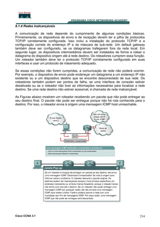 8.1.4 Redes inalcançáveis
A comunicação de rede depende do cumprimento de algumas condições básicas.
Primeiramente, os dispositivos de envio e de recepção devem ter a pilha de protocolos
TCP/IP corretamente configurada. Isso inclui a instalação do protocolo TCP/IP e a
configuração correta do endereço IP e da máscara de sub-rede. Um default gateway
também deve ser configurado, se os datagramas trafegarem fora da rede local. Em
segundo lugar, os dispositivos intermediários devem ser instalados de forma a rotear o
datagrama do dispositivo origem até à rede destino. Os roteadores cumprem essa função.
Um roteador também deve ter o protocolo TCP/IP corretamente configurado em suas
interfaces e usar um protocolo de roteamento adequado.
Se essas condições não forem cumpridas, a comunicação de rede não poderá ocorrer.
Por exemplo, o dispositivo de envio pode endereçar um datagrama a um endereço IP não
existente ou a um dispositivo destino que se encontre desconectado de sua rede. Os
roteadores também podem ser pontos de falha, se uma interface de conexão estiver
desativada ou se o roteador não tiver as informações necessárias para localizar a rede
destino. Se uma rede destino não estiver acessível, é chamada de rede inalcançável.
As Figuras abaixo mostram um roteador recebendo um pacote que não pode entregar ao
seu destino final. O pacote não pode ser entregue porque não há rota conhecida para o
destino. Por isso, o roteador envia à origem uma mensagem ICMP host unreachable.

Cisco CCNA 3.1

214

 