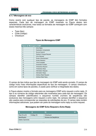 8.1.7 Mensagens de eco
Como ocorre com qualquer tipo de pacote, as mensagens do ICMP têm formatos
especiais. Cada tipo de mensagem do ICMP mostrado na Figura abaixo tem
características exclusivas, mas todos os formatos de mensagem do ICMP começam com
esses mesmos três campos:
•
•
•

Type (tipo)
Code (código)
Checksum
Tipos de Mensagens ICMP

O campo de tipo indica que tipo de mensagem do ICMP está sendo enviado. O campo de
código inclui mais informações específicas do tipo da mensagem. O campo checksum,
como em outros tipos de pacotes, é usado para verificar a integridade dos dados.
A Figura abaixo mostra o formato para as mensagens ICMP echo request e echo reply. O
tipo e os números de código relevantes são mostrados para cada tipo de mensagem. Os
campos identifier (identificador) e sequence number (número de seqüência) são
exclusivos das mensagens echo request e echo reply. Os campos identifier e sequence
são usados para corresponder as respostas às solicitações de eco. O campo data contém
informações adicionais, que podem ser parte da mensagem echo reply ou echo request.
Mensagens de ICMP Echo Request e Echo Reply

Cisco CCNA 3.1

218

 