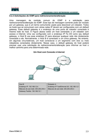 8.2.2 Solicitações do ICMP para redirecionamento/alteração
Uma mensagem de controle comum do ICMP é a solicitação para
redirecionamento/alteração do ICMP. Esse tipo de mensagem somente pode ser iniciado
por um gateway, que é um termo comumente usado para descrever um roteador. Todos
os hosts que se comunicam com várias redes IP devem ser configurados com um default
gateway. Esse default gateway é o endereço de uma porta de roteador conectada à
mesma rede do host. A Figura abaixo exibe um host conectado a um roteador com
acesso à Internet. Uma vez configurado com o endereço IP Fa 0/0 como seu default
gateway, o Host B usa esse endereço IP para alcançar qualquer rede não diretamente
conectada a ele. Normalmente, o Host B é conectado a um único gateway. No entanto,
em algumas circunstâncias, um host conecta-se a um segmento com dois ou mais
roteadores conectados diretamente. Nesse caso, o default gateway do host poderá
precisar usar uma solicitação de redirecionamento/alteração para informar ao host o
melhor caminho para uma determinada rede.
Um Host com Conexão à Internet

Cisco CCNA 3.1

223

 