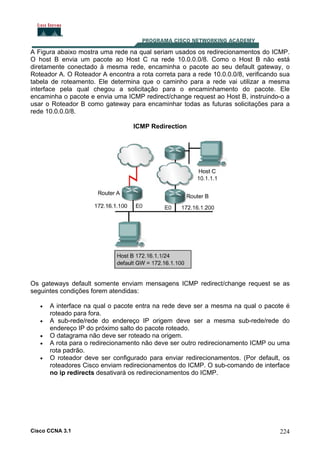 A Figura abaixo mostra uma rede na qual seriam usados os redirecionamentos do ICMP.
O host B envia um pacote ao Host C na rede 10.0.0.0/8. Como o Host B não está
diretamente conectado à mesma rede, encaminha o pacote ao seu default gateway, o
Roteador A. O Roteador A encontra a rota correta para a rede 10.0.0.0/8, verificando sua
tabela de roteamento. Ele determina que o caminho para a rede vai utilizar a mesma
interface pela qual chegou a solicitação para o encaminhamento do pacote. Ele
encaminha o pacote e envia uma ICMP redirect/change request ao Host B, instruindo-o a
usar o Roteador B como gateway para encaminhar todas as futuras solicitações para a
rede 10.0.0.0/8.
ICMP Redirection

Os gateways default somente enviam mensagens ICMP redirect/change request se as
seguintes condições forem atendidas:
•
•
•
•
•

A interface na qual o pacote entra na rede deve ser a mesma na qual o pacote é
roteado para fora.
A sub-rede/rede do endereço IP origem deve ser a mesma sub-rede/rede do
endereço IP do próximo salto do pacote roteado.
O datagrama não deve ser roteado na origem.
A rota para o redirecionamento não deve ser outro redirecionamento ICMP ou uma
rota padrão.
O roteador deve ser configurado para enviar redirecionamentos. (Por default, os
roteadores Cisco enviam redirecionamentos do ICMP. O sub-comando de interface
no ip redirects desativará os redirecionamentos do ICMP.

Cisco CCNA 3.1

224

 