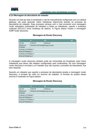 8.2.6 Mensagem de descoberta de roteador
Quando um host da rede é inicializado e não foi manualmente configurado com um default
gateway, ele pode aprender sobre roteadores disponíveis através do processo de
descoberta de roteador. Esse processo começa com o host enviando uma mensagem
router solicitation (solicitação de roteador) a todos os roteadores, usando o endereço
multicast 224.0.0.2 como endereço de destino. A Figura abaixo mostra a mensagem
ICMP router discovery.
Mensagem de Router Discovery

A mensagem router discovery também pode ser transmitida em broadcast, para incluir
roteadores que talvez não estejam configurados para multicasting. Se uma mensagem
router discovery é enviada a um roteador que não suporte o processo de descoberta, fica
sem resposta.
Quando um roteador que suporte o processo de descoberta recebe a mensagem router
discovery, é enviado de volta um anúncio de roteador. O formato de quadro desse
anúncio é mostrado na Figura abaixo.
Mensagem de Router Discovery

Cisco CCNA 3.1

230

 