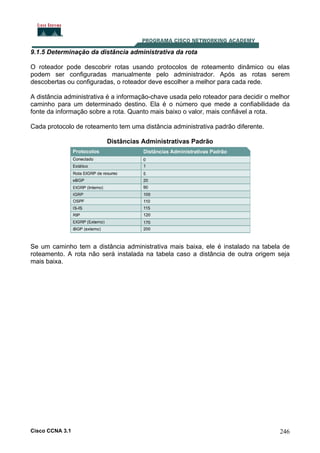 9.1.5 Determinação da distância administrativa da rota
O roteador pode descobrir rotas usando protocolos de roteamento dinâmico ou elas
podem ser configuradas manualmente pelo administrador. Após as rotas serem
descobertas ou configuradas, o roteador deve escolher a melhor para cada rede.
A distância administrativa é a informação-chave usada pelo roteador para decidir o melhor
caminho para um determinado destino. Ela é o número que mede a confiabilidade da
fonte da informação sobre a rota. Quanto mais baixo o valor, mais confiável a rota.
Cada protocolo de roteamento tem uma distância administrativa padrão diferente.
Distâncias Administrativas Padrão

Se um caminho tem a distância administrativa mais baixa, ele é instalado na tabela de
roteamento. A rota não será instalada na tabela caso a distância de outra origem seja
mais baixa.

Cisco CCNA 3.1

246

 