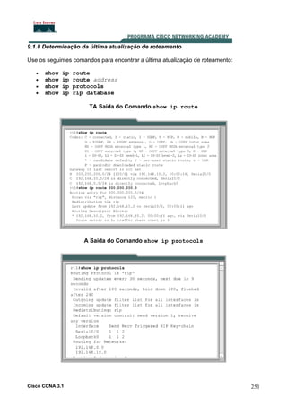 9.1.8 Determinação da última atualização de roteamento
Use os seguintes comandos para encontrar a última atualização de roteamento:
•
•
•
•

show
show
show
show

ip
ip
ip
ip

route
route address
protocols
rip database
TA Saída do Comando show ip route

A Saída do Comando show ip protocols

Cisco CCNA 3.1

251

 