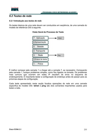9.2 Testes de rede
9.2.1 Introdução aos testes de rede
Os testes básicos de uma rede devem ser conduzidos em seqüência, de uma camada do
modelo de referência OSI à seguinte.
Visão Geral do Processo de Teste

É melhor começar pela camada 1 e chegar até a camada 7, se necessário. Começando
pela camada 1, busque problemas simples, como fios ligados na tomada. Os problemas
mais comuns que ocorrem em redes IP resultam de erros no esquema de
endereçamento. É importante testar a configuração de endereço antes de passar para as
próximas etapas de configuração.
Cada teste apresentado nesta seção focaliza operações de rede em uma camada
específica do modelo OSI. telnet e ping são dois comandos importantes usados para
testar a rede.

Cisco CCNA 3.1

255

 