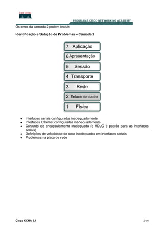 Os erros da camada 2 podem incluir:
Identificação e Solução de Problemas – Camada 2

•
•
•
•
•

Interfaces seriais configuradas inadequadamente
Interfaces Ethernet configuradas inadequadamente
Conjunto de encapsulamento inadequado (o HDLC é padrão para as interfaces
seriais)
Definições de velocidade de clock inadequadas em interfaces seriais
Problemas na placa de rede

Cisco CCNA 3.1

259

 