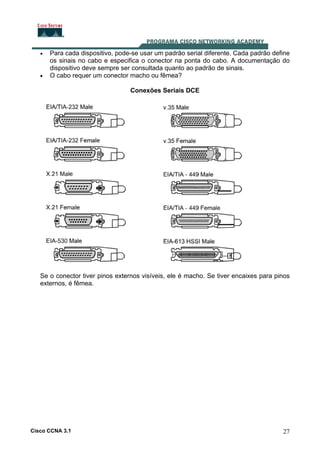 •

•

Para cada dispositivo, pode-se usar um padrão serial diferente. Cada padrão define
os sinais no cabo e especifica o conector na ponta do cabo. A documentação do
dispositivo deve sempre ser consultada quanto ao padrão de sinais.
O cabo requer um conector macho ou fêmea?
Conexões Seriais DCE

Se o conector tiver pinos externos visíveis, ele é macho. Se tiver encaixes para pinos
externos, é fêmea.

Cisco CCNA 3.1

27

 