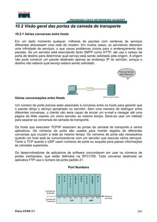 10.2 Visão geral das portas da camada de transporte
10.2.1 Várias conversas entre hosts
Em um dado momento qualquer, milhares de pacotes com centenas de serviços
diferentes atravessam uma rede de modem. Em muitos casos, os servidores oferecem
uma infinidade de serviços, o que causa problemas únicos para o endereçamento dos
pacotes. Se um servidor está executando tanto SMTP como HTTP, ele usa o campo da
porta de destino para determinar qual serviço está sendo solicitado pela origem. A origem
não pode construir um pacote destinado apenas ao endereço IP do servidor, porque o
destino não saberia qual serviço estava sendo solicitado.

Várias conversações entre Hosts
Um número de porta precisa estar associado à conversa entre os hosts para garantir que
o pacote atinja o serviço apropriado no servidor. Sem uma maneira de distinguir entre
diferentes conversas, o cliente não seria capaz de enviar um e-mail e navegar até uma
página da Web usando um único servidor ao mesmo tempo. Deve-se usar um método
para separar as conversas da camada de transporte.
Os hosts que executam TCP/IP associam as portas da camada de transporte a certos
aplicativos. Os números de porta são usados para manter registro de diferentes
conversas que cruzam a rede ao mesmo tempo. Os números de porta são necessários
quando um host está se comunicando-se com um servidor que executa vários serviços.
Tanto o TCP quanto o UDP usam números de porta ou soquete para passar informações
às camadas superiores.
Os desenvolvedores de aplicativos de software concordaram em usar os números de
portas conhecidos, que estão definidos na RFC1700. Toda conversa destinada ao
aplicativo FTP usa o número de porta padrão 21.
Port Numbers

Cisco CCNA 3.1

295

 