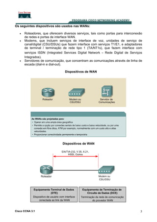 Os seguintes dispositivos são usados nas WANs:
•
•

•

Roteadores, que oferecem diversos serviços, tais como portas para interconexão
de redes e portas de interface WAN.
Modems, que incluem serviços de interface de voz, unidades de serviço de
canal/digital (CSU/DSUs) que fazem interface com serviços T1/E1, e adaptadores
de terminal / terminação de rede tipo 1 (TA/NT1s), que fazem interface com
serviços ISDN (Integrated Services Digital Network – Rede Digital de Serviços
Integrados).
Servidores de comunicação, que concentram as comunicações através de linha de
escada (dial-in e dial-out).
Dispositivos de WAN

Dispositivos de WAN

Cisco CCNA 3.1

5

 