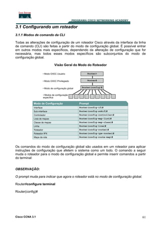 3.1 Configurando um roteador
3.1.1 Modos de comando da CLI
Todas as alterações de configuração de um roteador Cisco através da interface da linha
de comando (CLI) são feitas a partir do modo de configuração global. É possível entrar
em outros modos mais específicos, dependendo da alteração de configuração que for
necessária, mas todos esses modos específicos são subconjuntos do modo de
configuração global.
Visão Geral do Modo do Roteador

Os comandos do modo de configuração global são usados em um roteador para aplicar
instruções de configuração que afetem o sistema como um todo. O comando a seguir
muda o roteador para o modo de configuração global e permite inserir comandos a partir
do terminal:

OBSERVAÇÃO:
O prompt muda para indicar que agora o roteador está no modo de configuração global.
Router#configure terminal
Router(config)#

Cisco CCNA 3.1

61

 