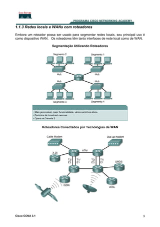 1.1.3 Redes locais e WANs com roteadores
Embora um roteador possa ser usado para segmentar redes locais, seu principal uso é
como dispositivo WAN. Os roteadores têm tanto interfaces de rede local como de WAN.
Segmentação Utilizando Roteadores

Roteadores Conectados por Tecnologias de WAN

Cisco CCNA 3.1

9

 