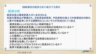 ESG要因を経済分析に統合する理由
経済分析
経済成長は環境資源入手に左右される
各国の環境法が整備され、汚染者負担原則、予防原則の導入で外部要因を内部化
人権や労働基準に対する国際的なコンセンサスが形成されつつある
経済成長トレンドはどのくらい持続可能か？
長期的な経済成長見通しにはESGの制約が反映されているか？
その国の環境法はどの程度強力かつ先進的か？
政府は土地や水資源の利用をどのように規制しているか？
人口動態トレンドはどうか？
その国には人権を保護する法制度はあるのか？
犯罪率は改善しているか？
どのようなインフラストラクチャに投資されているか？
教育や医療は改善しているか？
出所：PRI統合分析
 
