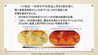 7
パリ協定 －世界の平均気温上昇を2度未満に
対策をとらないケース
⇒産業革命前と比べて温度5℃程度上昇
気産業革命前と比べて
温度上昇2℃未満
2100年の気温上昇（IPCC第5次評価報告書）
既に産業革命前からこれまでには、0.85℃程度上昇
目標を達成するには、
✓ 2010年比で2050年までに41～72%の排出削減が必要。
✓ つまり、1年の排出量を、最近の水準から半分以下にしなくては、
2℃以内に温度上昇が抑えられない可能性が高い
 