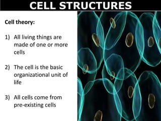 CELL STRUCTURES
Cell theory:
1) All living things are
made of one or more
cells
2) The cell is the basic
organizational unit of
life
3) All cells come from
pre-existing cells
 