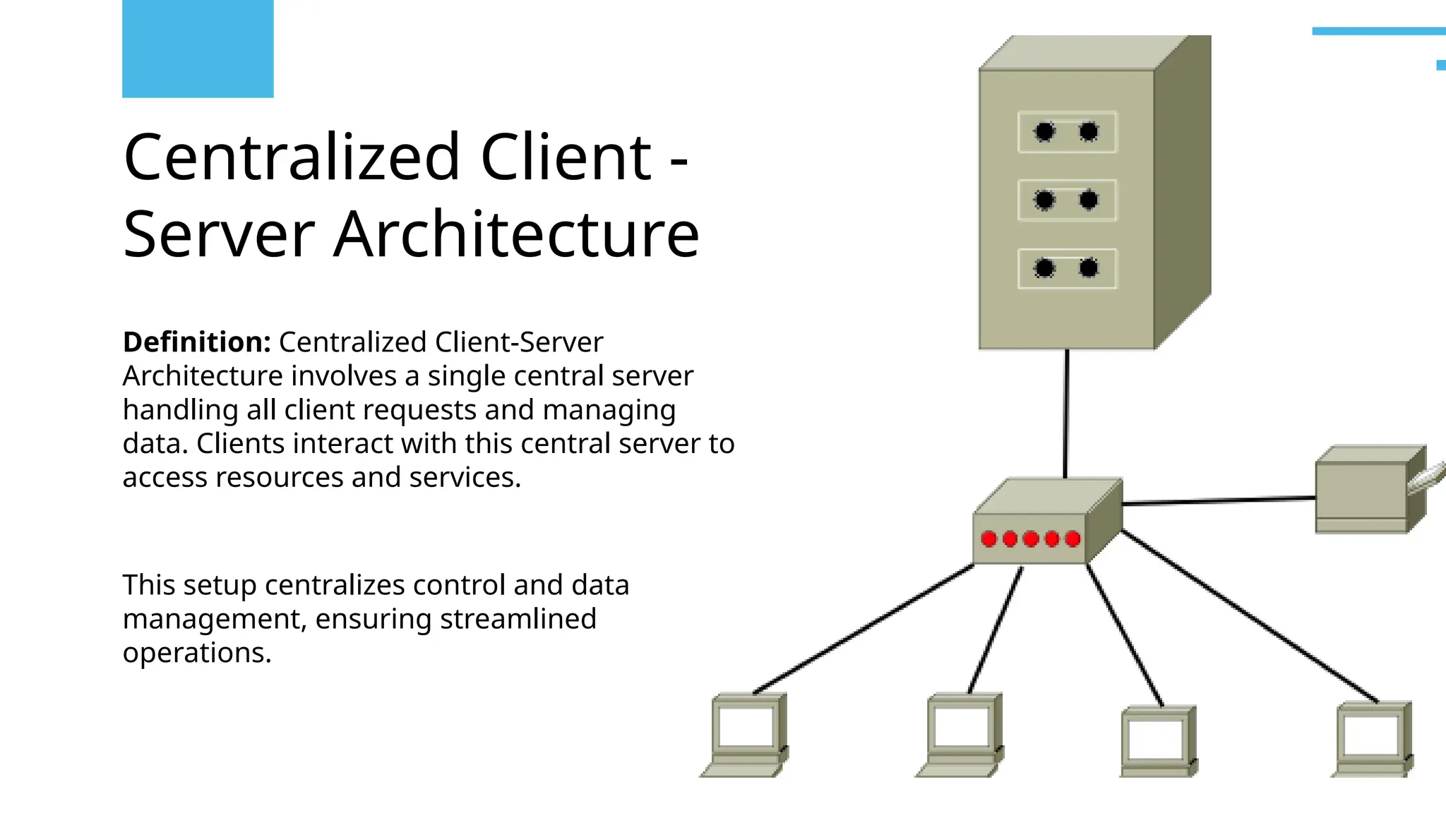 Centralized Client -
Server Architecture
Definition: Centralized Client-Server
Architecture involves a single central server
handling all client requests and managing
data. Clients interact with this central server to
access resources and services.
This setup centralizes control and data
management, ensuring streamlined
operations.
 
