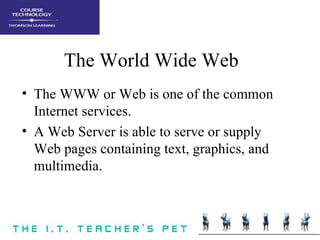 The World Wide Web <ul><li>The WWW or Web is one of the common Internet services. </li></ul><ul><li>A Web Server is able t...