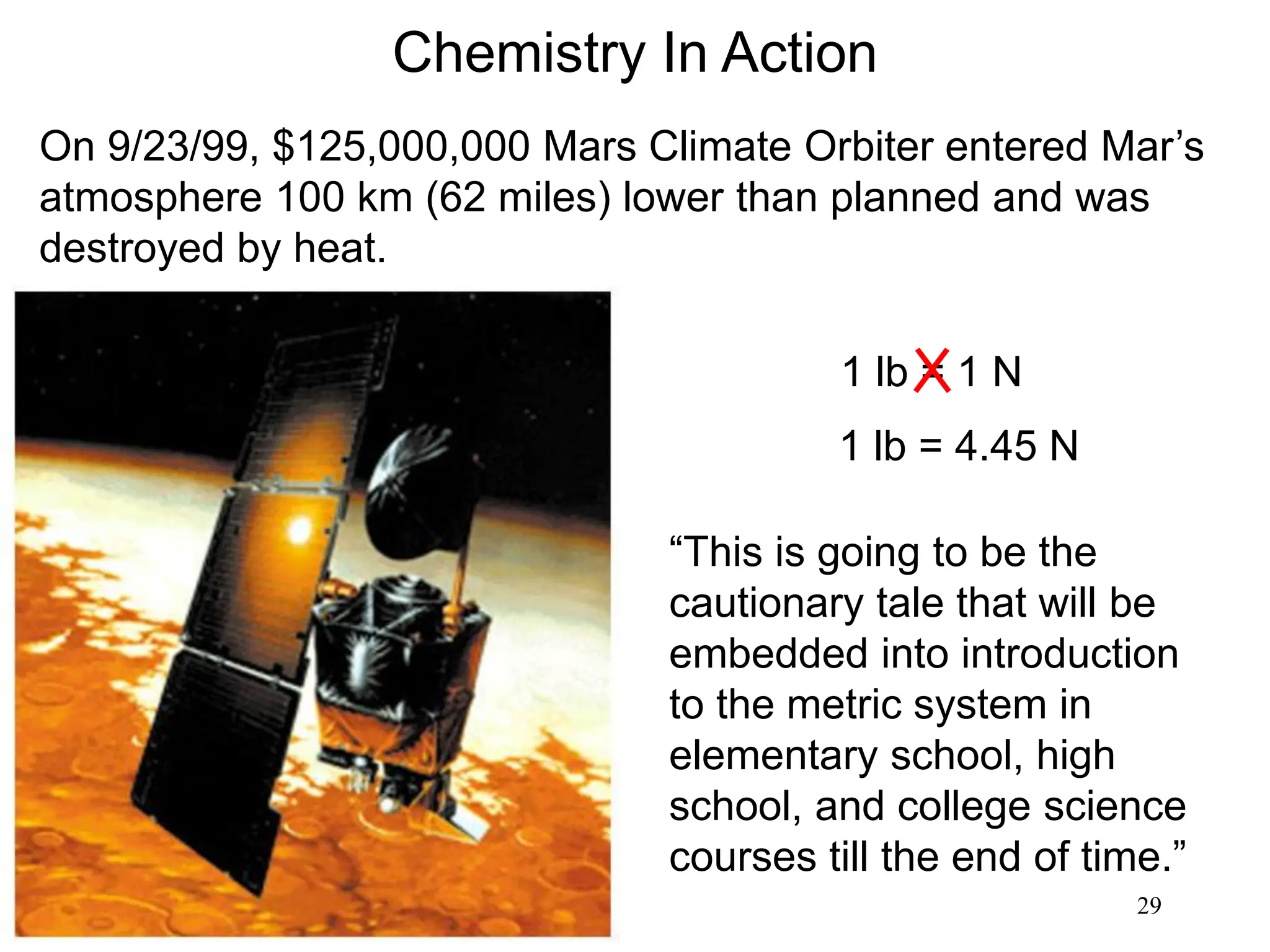 29
Chemistry In Action
On 9/23/99, $125,000,000 Mars Climate Orbiter entered Mar’s
atmosphere 100 km (62 miles) lower than planned and was
destroyed by heat.
1 lb = 1 N
1 lb = 4.45 N
“This is going to be the
cautionary tale that will be
embedded into introduction
to the metric system in
elementary school, high
school, and college science
courses till the end of time.”
 