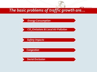 The basic problems of traffic growth are…
EnergyConsumption
CO2 Emissions & Local Air Pollution
Safety Impacts
Social Exclusion
Congestion
 