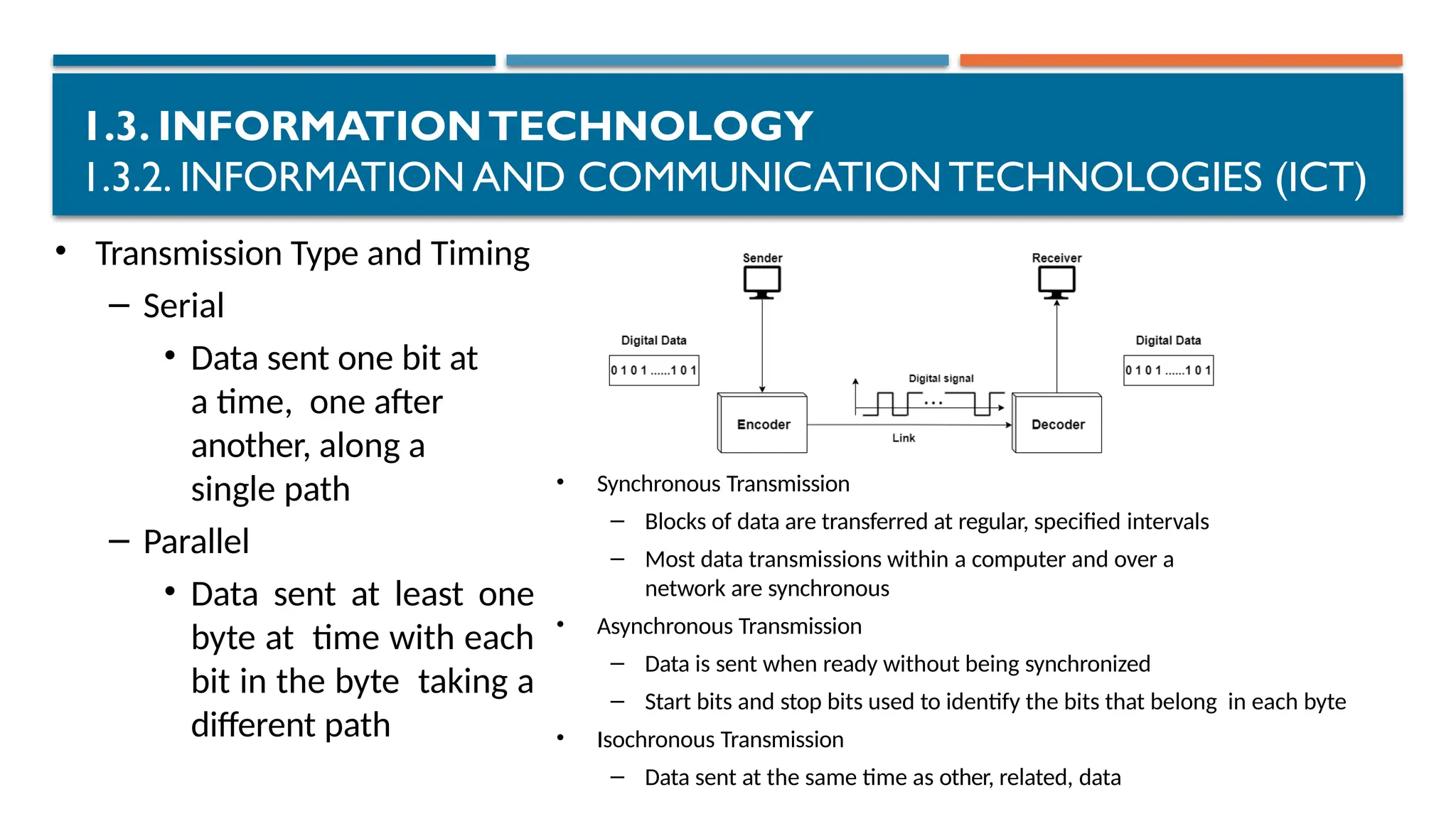 1.3. INFORMATIONTECHNOLOGY
1.3.2. INFORMATION AND COMMUNICATION TECHNOLOGIES (ICT)
• Transmission Type and Timing
– Serial
• Data sent one bit at
a time, one after
another, along a
single path
– Parallel
• Data sent at least one
byte at time with each
bit in the byte taking a
different path
• Synchronous Transmission
– Blocks of data are transferred at regular, specified intervals
– Most data transmissions within a computer and over a
network are synchronous
• Asynchronous Transmission
– Data is sent when ready without being synchronized
– Start bits and stop bits used to identify the bits that belong in each byte
• Isochronous Transmission
– Data sent at the same time as other, related, data
 