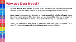 Why use Data Model?
˗ Ensures that all data objects required by the database are accurately represented.
Omission of data will lead to creation of faulty reports and produce incorrect results.
˗ A data model helps design the database at the conceptual, physical and logical levels.
It provides a clear picture of the base data and can be used by database developers to
create a physical database. It is also helpful to identify missing and redundant data.
˗ Though the creation of data model is labor and time consuming, in the long run, it
makes IT infrastructure upgrade and maintenance cheaper and faster.
 