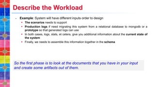 Describe the Workload
˗ Example: System will have different inputs order to design
▪ The scenarios needs to support
▪ Production logs if need migrating this system from a relational database to mongodb or a
prototype so that generated logs can use
▪ In both cases, logs, stats, et cetera, give you additional information about the current state of
the system
▪ Finally, we needs to assemble this information together in the schema
So the first phase is to look at the documents that you have in your input
and create some artifacts out of them.
 