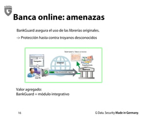 16
Banca online: amenazas
BankGuard asegura el uso de las librerías originales.
-> Protección hasta contra troyanos desconocidos
Valor agregado:
BankGuard = módulo integrativo
 