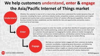 @CRASingapore
We help customers understand, enter & engage
the Asia/Pacific Internet of Things market
Understand
Enter
Engage
Whether the customer is new to IoT, or new to Asia, we help them understand the market dynamics they will
encounter, including the macro- and micro-industry trends, competitive analysis, customer/end user insights
at regional and country level, and an assessment of their IoT solution offering and capabilities. Once this
Business Context has been established, we then identify the risks and opportunities and jointly-create a
prioritised list of next steps
As customers prepare to enter the market, we help them identify IoT ecosystem partners to
strengthen their market positioning, conduct sales enablement sessions to train their staff
on a solutions-focused approach to engaging the market, advise on market messaging for
both technical- and business-minded audiences, and develop customer-facing content (e.g.,
videos, infographics, webinars, blogs) to enhance their go-to-market offering
We help our customers better engage with their customers by leading
customer roundtables, moderating panel discussions, and delivering
keynote presentations at their events. Our thought-provoking
presentations deliver insights on industry trends and provide guidance
on how to avoid the potential pitfalls of IoT solution deployment
 