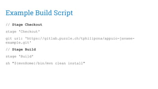 Example Build Script
// Stage Checkout
stage 'Checkout'
git url: 'https://gitlab.puzzle.ch/tphilipona/appuio-javaee-
example.git'
// Stage Build
stage 'Build'
sh "${mvnHome}/bin/mvn clean install"
 