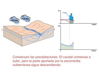 Comienzan las precipitaciones. El caudal comienza a
subir, pero la parte aportada por la escorrentía
subterránea sigue descendiendo
 