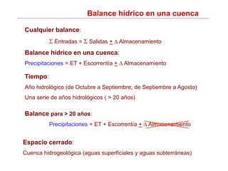 Cualquier balance:
S Entradas = S Salidas + D Almacenamiento
Balance hídrico en una cuenca:
Precipitaciones = ET + Escorrentía + D Almacenamiento
Espacio cerrado:
Cuenca hidrogeológica (aguas superficiales y aguas subterráneas)
Tiempo:
Año hidrológico (de Octubre a Septiembre, de Septiembre a Agosto)
Una serie de años hidrológicos ( > 20 años)
Balance para > 20 años:
Precipitaciones = ET + Escorrentía + D Almacenamiento
Balance hídrico en una cuenca
 