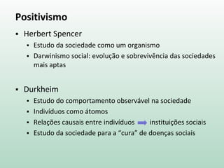 Positivismo
 Herbert Spencer
 Estudo da sociedade como um organismo
 Darwinismo social: evolução e sobrevivência das sociedades
mais aptas
 Durkheim
 Estudo do comportamento observável na sociedade
 Indivíduos como átomos
 Relações causais entre indivíduos instituições sociais
 Estudo da sociedade para a “cura” de doenças sociais
 