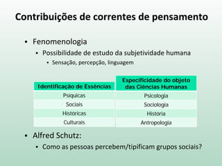 Contribuições de correntes de pensamento
 Fenomenologia
 Possibilidade de estudo da subjetividade humana
 Sensação, percepção, linguagem
 Alfred Schutz:
 Como as pessoas percebem/tipificam grupos sociais?
Identificação de Essências
Psíquicas
Sociais
Históricas
Culturais
Especificidade do objeto
das Ciências Humanas
Psicologia
Sociologia
História
Antropologia
 