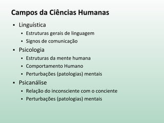 Campos da Ciências Humanas
 Linguística
 Estruturas gerais de linguagem
 Signos de comunicação
 Psicologia
 Estruturas da mente humana
 Comportamento Humano
 Perturbações (patologias) mentais
 Psicanálise
 Relação do inconsciente com o conciente
 Perturbações (patologias) mentais
 