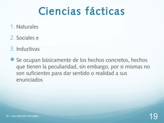 Ciencias fácticas
  1. Naturales
  2. Sociales e
  3. Inductivas
   Se ocupan básicamente de los hechos concretos, hechos
       que tienen la peculiaridad, sin embargo, por si mismas no
       son suficientes para dar sentido o realidad a sus
       enunciados




Dr. Luis Germán González
                                                               19
 