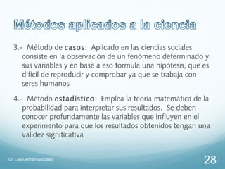 3.- Método de casos: Aplicado en las ciencias sociales
     consiste en la observación de un fenómeno determinado y
     sus variables y en base a eso formula una hipótesis, que es
     difícil de reproducir y comprobar ya que se trabaja con
     seres humanos

  4.- Método estadístico: Emplea la teoría matemática de la
     probabilidad para interpretar sus resultados. Se deben
     conocer profundamente las variables que influyen en el
     experimento para que los resultados obtenidos tengan una
     validez significativa


Dr. Luis Germán González
                                                              28
 