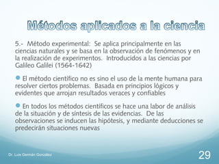 5.- Método experimental: Se aplica principalmente en las
   ciencias naturales y se basa en la observación de fenómenos y en
   la realización de experimentos. Introducidos a las ciencias por
   Galileo Galilei (1564-1642)
   El método científico no es sino el uso de la mente humana para
   resolver ciertos problemas. Basada en principios lógicos y
   evidentes que arrojan resultados veraces y confiables
   En todos los métodos científicos se hace una labor de análisis
   de la situación y de síntesis de las evidencias. De las
   observaciones se inducen las hipótesis, y mediante deducciones se
   predecirán situaciones nuevas


Dr. Luis Germán González
                                                                     29
 