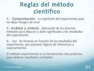 Reglas del método
                         científico
   4.- Comprobación: La repetición del experimento para
   no dejar margen de error
   5.- Análisis y síntesis: Aplicación de los diversos
   métodos para depurar y darle significado a los resultados
   del experimento
   6.- Ley: Se formula en función de los resultados del
   experimento, por procesos lógicos de inferencias y
   razonamientos
   El método experimental es la herramienta más poderosa
   para obtener resultados confiables

Dr. Luis Germán González
                                                               31
 