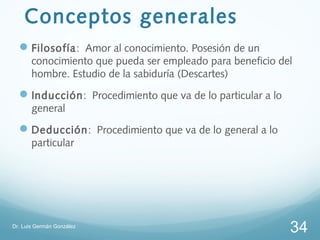 Conceptos generales
   Filosofía : Amor al conocimiento. Posesión de un
       conocimiento que pueda ser empleado para beneficio del
       hombre. Estudio de la sabiduría (Descartes)
   Inducción: Procedimiento que va de lo particular a lo
       general
   Deducción: Procedimiento que va de lo general a lo
       particular




Dr. Luis Germán González
                                                            34
 