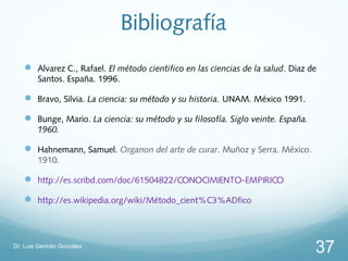 Bibliografía
    Alvarez C., Rafael. El método cientifico en las ciencias de la salud. Diaz de
        Santos. España. 1996.

    Bravo, Silvia. La ciencia: su método y su historia. UNAM. México 1991.

    Bunge, Mario. La ciencia: su método y su filosofía. Siglo veinte. España.
        1960.

    Hahnemann, Samuel. Organon del arte de curar. Muñoz y Serra. México.
        1910.

    http://es.scribd.com/doc/61504822/CONOCIMIENTO-EMPIRICO

    http://es.wikipedia.org/wiki/Método_cient%C3%ADfico



Dr. Luis Germán González
                                                                                 37
 