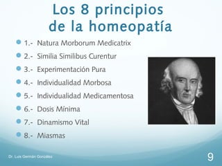 Los 8 principios
                     de la homeopatía
    1.- Natura Morborum Medicatrix
    2.- Similia Similibus Curentur
    3.- Experimentación Pura
    4.- Individualidad Morbosa
    5.- Individualidad Medicamentosa
    6.- Dosis Mínima
    7.- Dinamismo Vital
    8.- Miasmas

Dr. Luis Germán González
                                        9
 