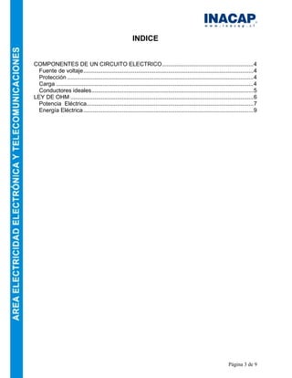 Página 3 de 9
INDICE
COMPONENTES DE UN CIRCUITO ELECTRICO.........................................................4
Fuente de voltaje..........................................................................................................4
Protección ....................................................................................................................4
Carga ...........................................................................................................................4
Conductores ideales.....................................................................................................5
LEY DE OHM ..................................................................................................................6
Potencia Eléctrica........................................................................................................7
Energía Eléctrica..........................................................................................................9
 
