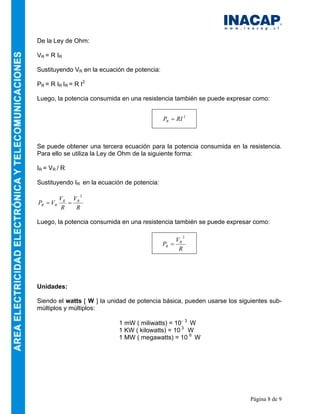 Página 8 de 9
De la Ley de Ohm:
VR = R IR
Sustituyendo VR en la ecuación de potencia:
PR = R IR IR = R I2
Luego, la potencia consumida en una resistencia también se puede expresar como:
2
RIPR =
Se puede obtener una tercera ecuación para la potencia consumida en la resistencia.
Para ello se utiliza la Ley de Ohm de la siguiente forma:
IR = VR / R
Sustituyendo IR en la ecuación de potencia:
R
V
R
V
VP RR
RR
2
==
Luego, la potencia consumida en una resistencia también se puede expresar como:
R
V
P R
R
2
=
Unidades:
Siendo el watts [ W ] la unidad de potencia básica, pueden usarse los siguientes sub-
múltiplos y múltiplos:
1 mW ( miliwatts) = 10− 3
W
1 KW ( kilowatts) = 10 3
W
1 MW ( megawatts) = 10 6
W
 