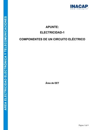 Página 1 de 9
APUNTE:
ELECTRICIDAD-1
COMPONENTES DE UN CIRCUITO ELÉCTRICO
ÁÁrreeaa ddee EEEETT
 