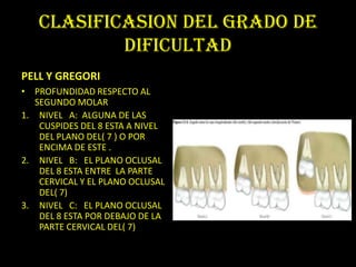 CLASIFICASION DEL GRADO DE
           DIFICULTAD
PELL Y GREGORI
• PROFUNDIDAD RESPECTO AL
   SEGUNDO MOLAR
1. NIVEL A: ALGUNA DE LAS
    CUSPIDES DEL 8 ESTA A NIVEL
    DEL PLANO DEL( 7 ) O POR
    ENCIMA DE ESTE .
2. NIVEL B: EL PLANO OCLUSAL
    DEL 8 ESTA ENTRE LA PARTE
    CERVICAL Y EL PLANO OCLUSAL
    DEL( 7)
3. NIVEL C: EL PLANO OCLUSAL
    DEL 8 ESTA POR DEBAJO DE LA
    PARTE CERVICAL DEL( 7)
 